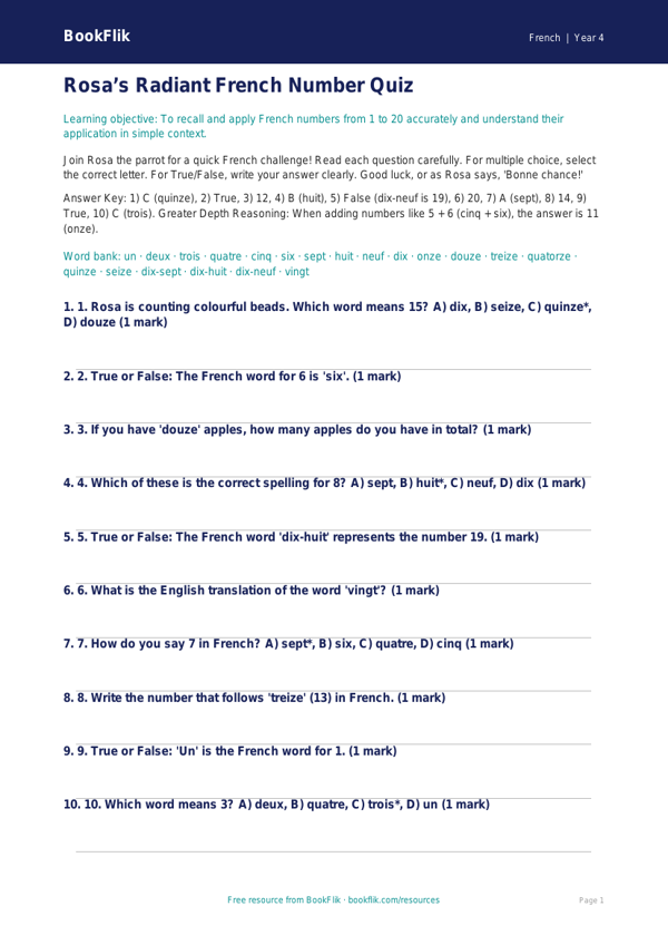French Numbers Quiz: Year 4 Maths & Language Challenge | BookFlik worksheet preview — French Numbers