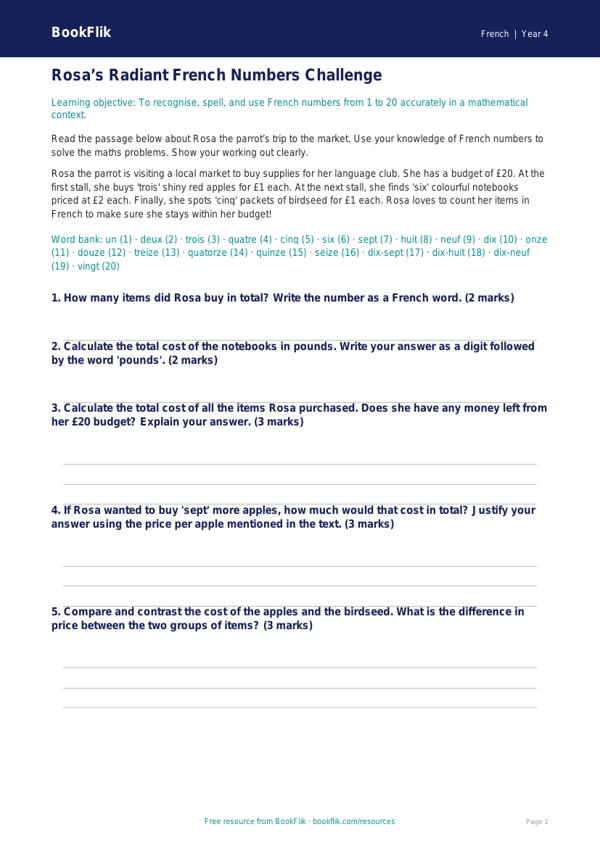 Year 4 French Numbers Track Sheet | Greater Depth | BookFlik worksheet preview β French Numbers