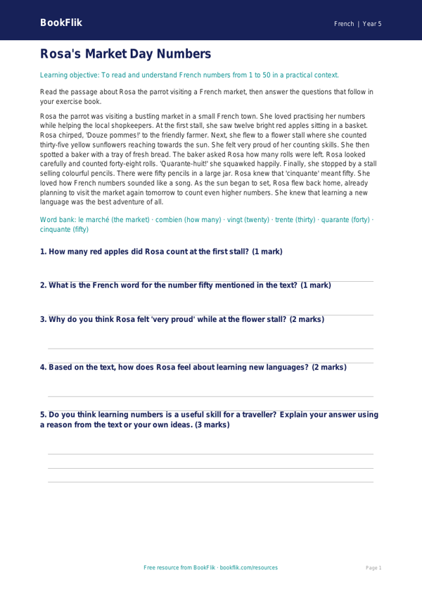French Numbers 1-100 Worksheet | Year 5 Maths & Languages | BookFlik worksheet preview — French Numbers