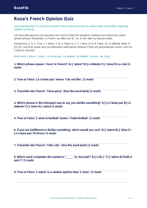 French Opinion Phrases Quiz | Year 4 Australian Curriculum | BookFlik worksheet preview — French Opinion Phrases