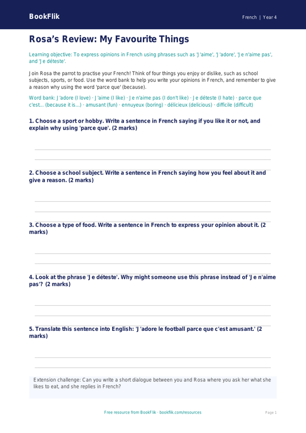Free Opinion Phrases Template | Year 4 | French | BookFlik worksheet preview — French Opinion Phrases