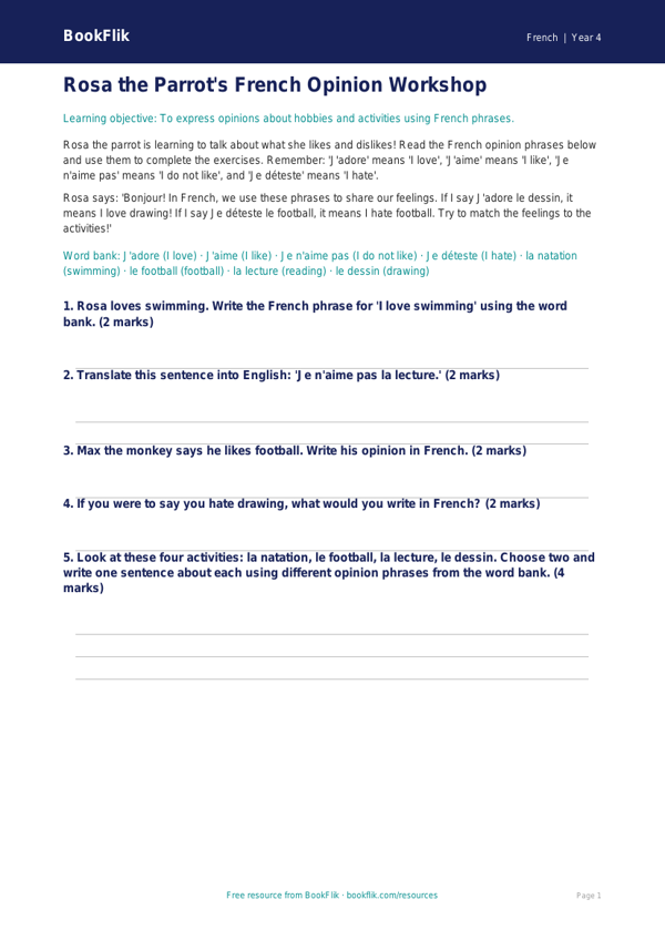 Free Opinion Phrases Worksheet | Year 4 | French | BookFlik worksheet preview — French Opinion Phrases