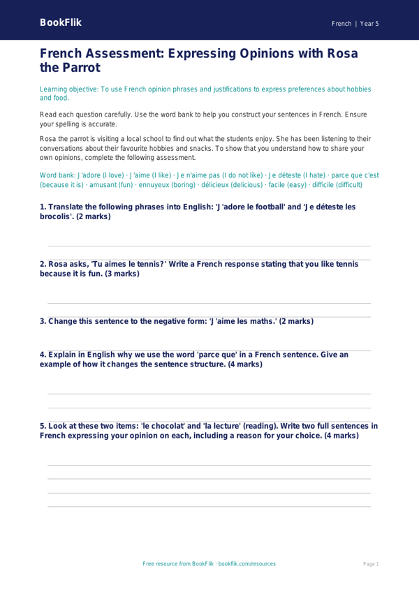 Free Opinion Phrases Assessment | Year 5 | French | BookFlik worksheet preview — French Opinion Phrases