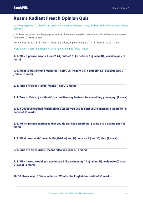 Free Opinion Phrases Quiz | Year 5 | French | BookFlik worksheet preview — French Opinion Phrases