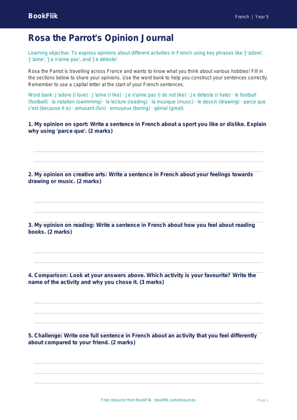 Free Opinion Phrases Template | Year 5 | French | BookFlik worksheet preview — French Opinion Phrases