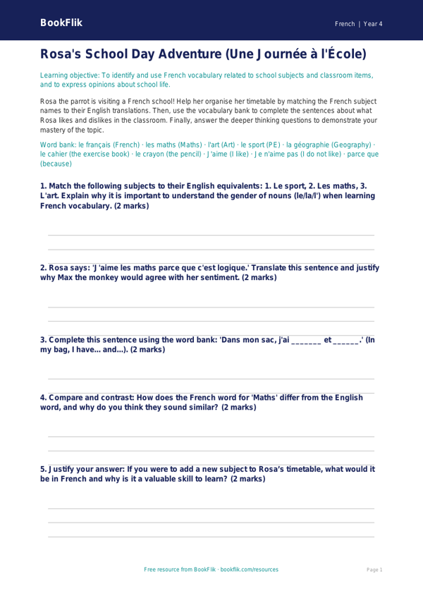 Free School Activity Sheet | Year 4 | French | BookFlik worksheet preview — French School