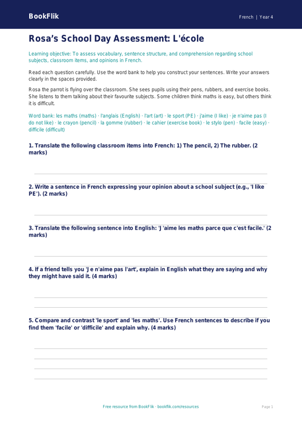 Free School Assessment | Year 4 | French | BookFlik worksheet preview — French School