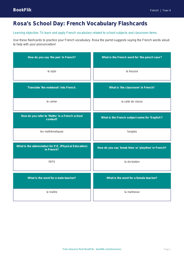 Year 4 French School Vocabulary Flashcards | BookFlik Resources worksheet preview — French School