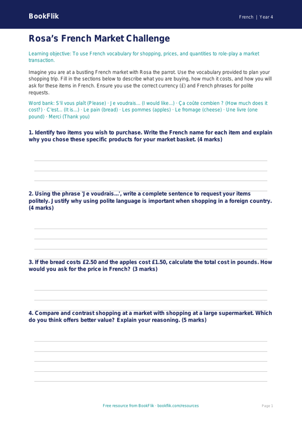 French Shopping Maths Challenge | Year 4 | BookFlik worksheet preview — French Shopping