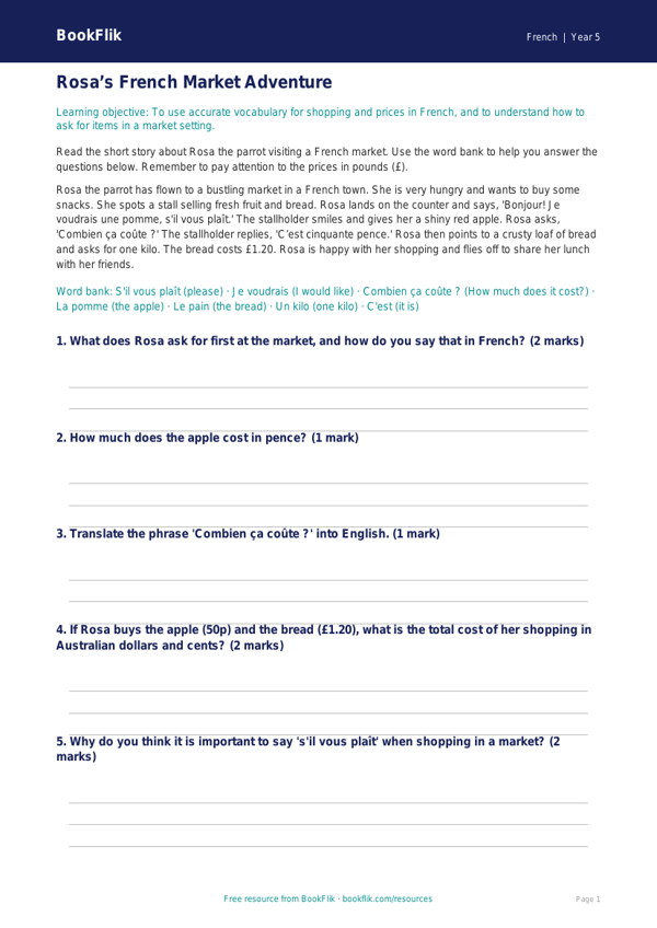 French Shopping Track Sheet | Year 5 Maths & Languages | BookFlik worksheet preview — French Shopping