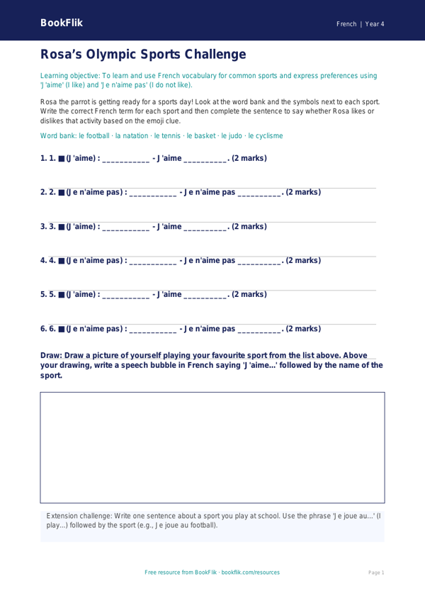 Free Sports Activity Sheet | Year 4 | French | BookFlik worksheet preview — French Sports
