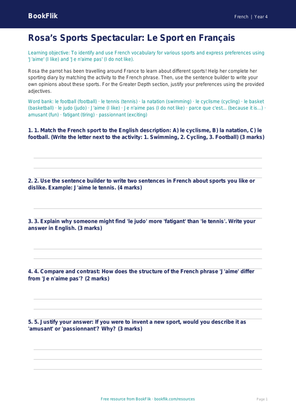 French Sports Activity Sheet | Year 4 | Australian Curriculum worksheet preview — French Sports