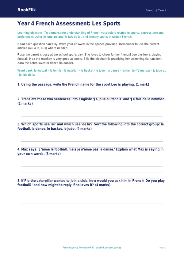 French Sports Vocabulary Assessment | Year 4 | BookFlik worksheet preview — French Sports
