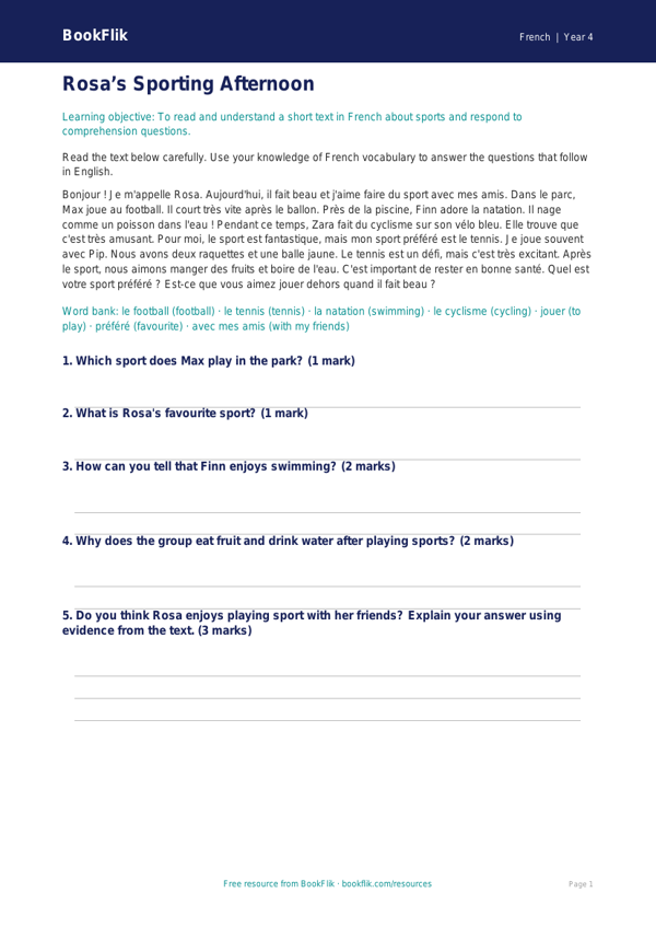 French sports comprehension year 4 core worksheet preview — French Sports