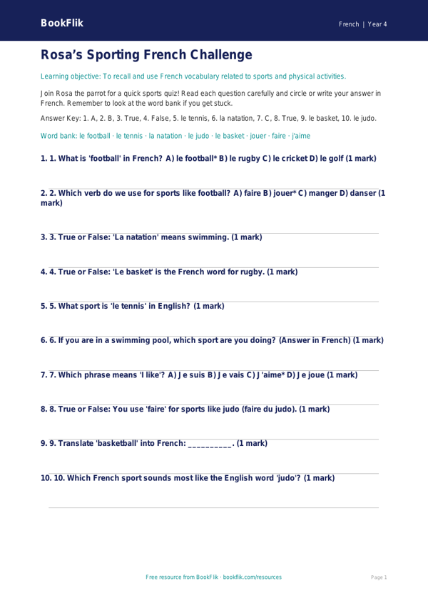 Sports Quiz Year 4 Free | French Language Activity | BookFlik worksheet preview — French Sports
