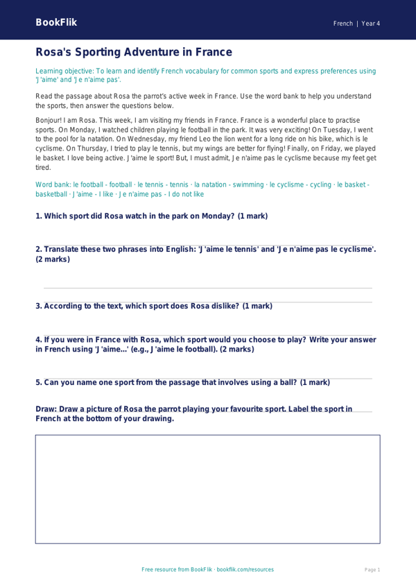 Free Sports Track Sheet | Year 4 | French | BookFlik worksheet preview — French Sports