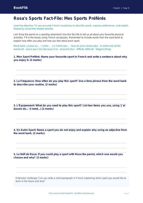 French Sports Template | Year 5 Australian Curriculum | BookFlik worksheet preview — French Sports
