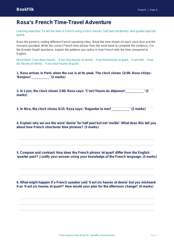 Year 4 French Telling the Time Activity Sheet | Australian Curriculum worksheet preview — French Telling The Time