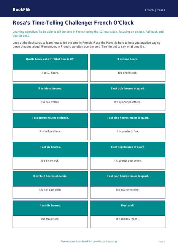 Year 4 French Telling the Time Activity Pack | BookFlik worksheet preview — French Telling The Time
