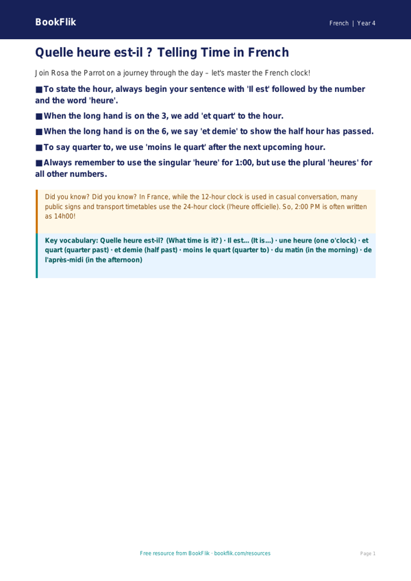 Year 4 French Telling the Time Resource | BookFlik worksheet preview — French Telling The Time