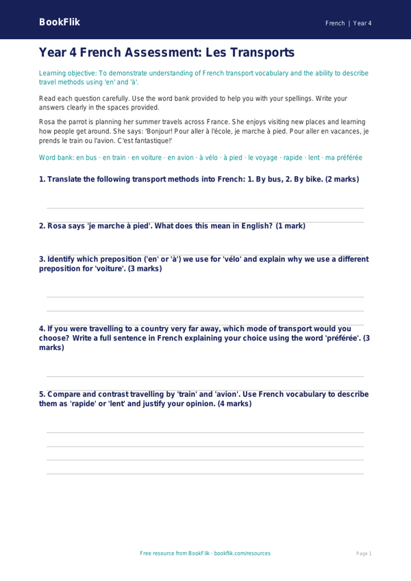 Year 4 French Transport Assessment | Australian Curriculum Resources worksheet preview — French Transport