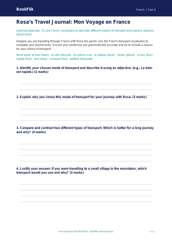 French Transport Vocabulary & Activities | Year 4 | BookFlik worksheet preview — French Transport