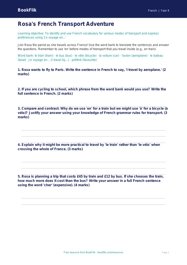 French Transport Worksheet for Year 4 | Australian Curriculum worksheet preview — French Transport