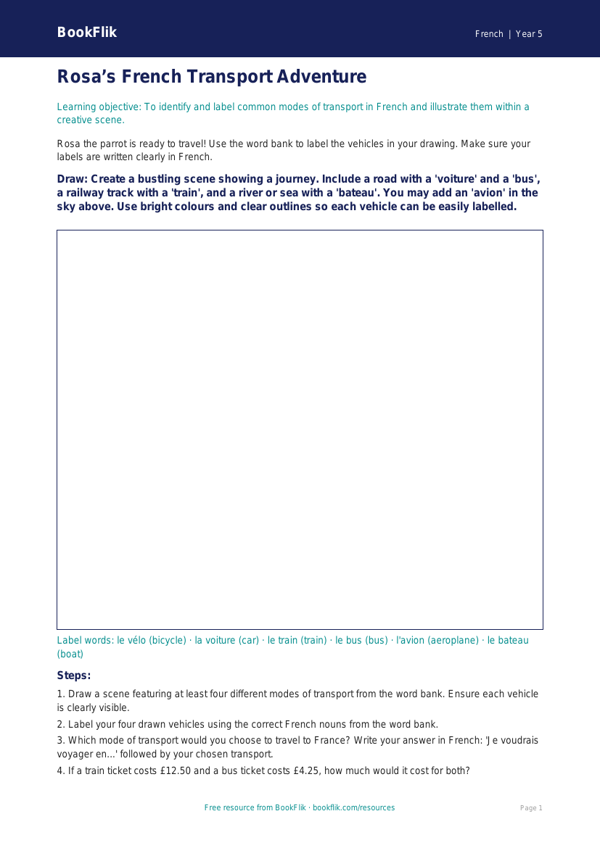 French Transport Vocabulary & Drawing Sheet | Year 5 | BookFlik worksheet preview — French Transport