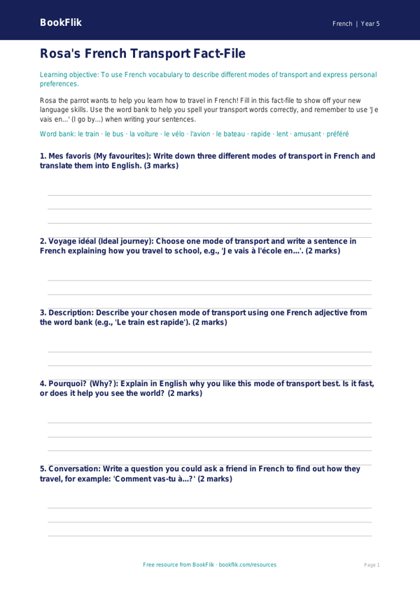 Year 5 French Transport Lesson Plan & Vocabulary | BookFlik worksheet preview — French Transport