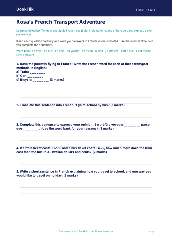 French Transport Worksheet for Year 5 | Australian Curriculum | BookFlik worksheet preview — French Transport