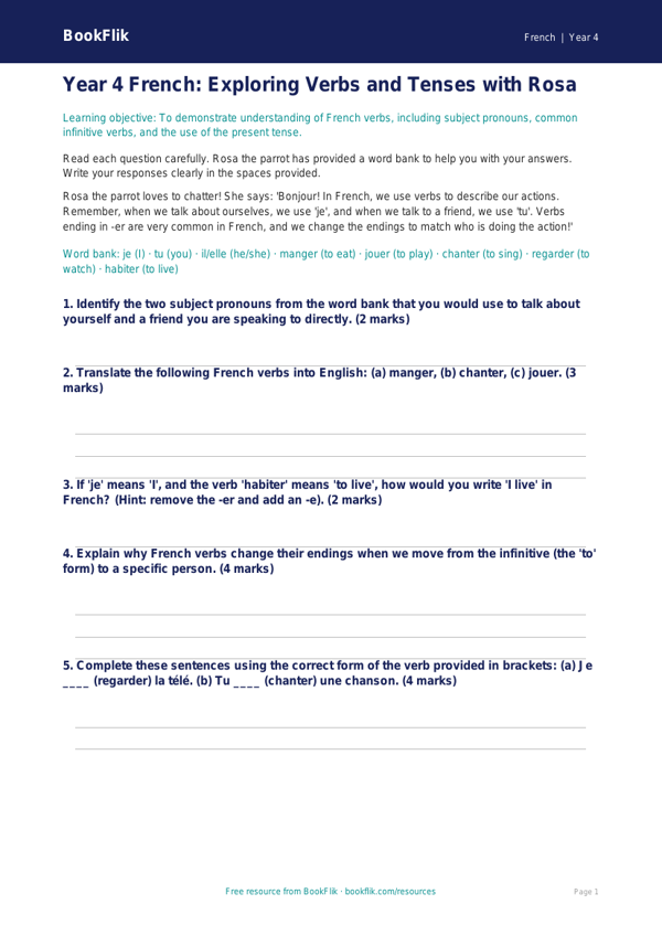 Year 4 French Verbs and Tenses Worksheet | Australian Curriculum worksheet preview — French Verbs And Tenses