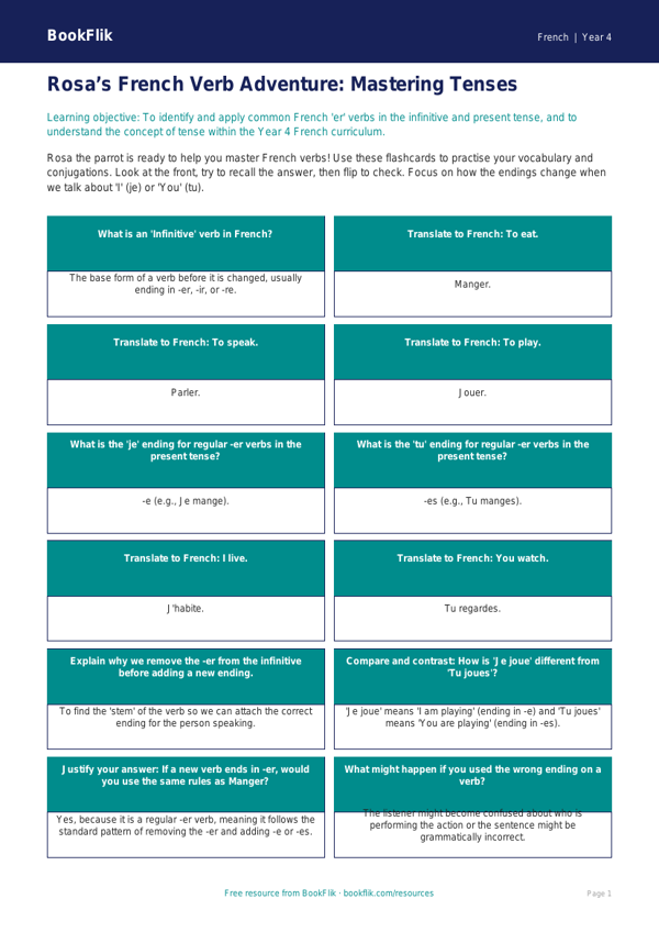 Year 4 French Verbs and Tenses Flashcards | Greater Depth | BookFlik worksheet preview — French Verbs And Tenses