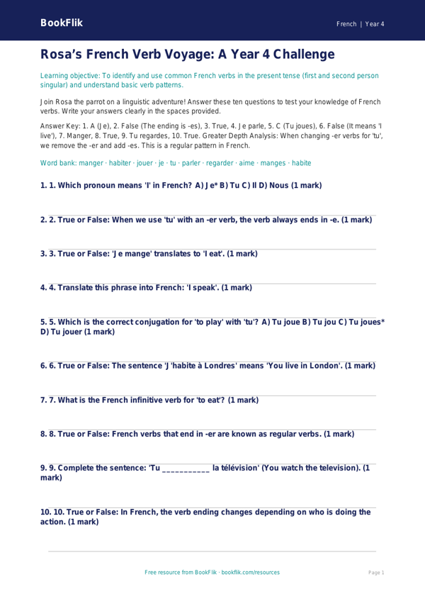 Year 4 French Verbs and Tenses Quiz | Greater Depth | BookFlik worksheet preview — French Verbs And Tenses