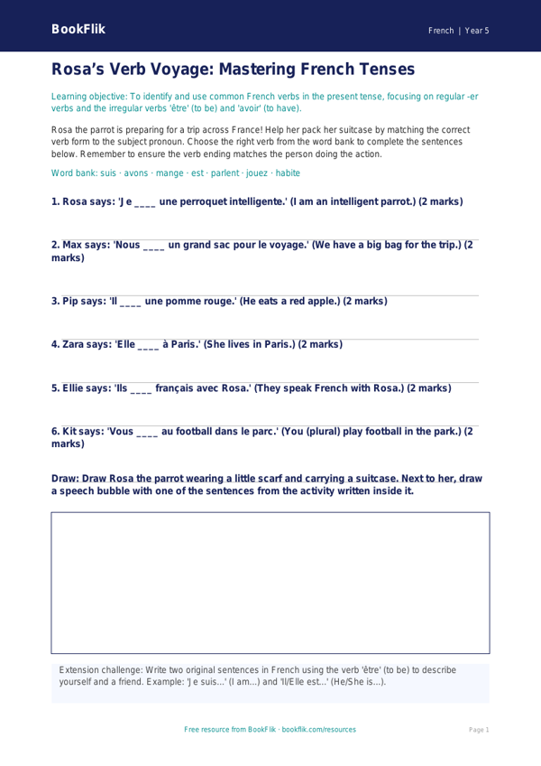 Free Verbs And Tenses Activity Sheet | Year 5 | French | BookFlik worksheet preview — French Verbs And Tenses