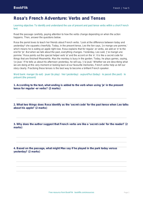Free Verbs And Tenses Comprehension | Year 5 | French | BookFlik worksheet preview — French Verbs And Tenses