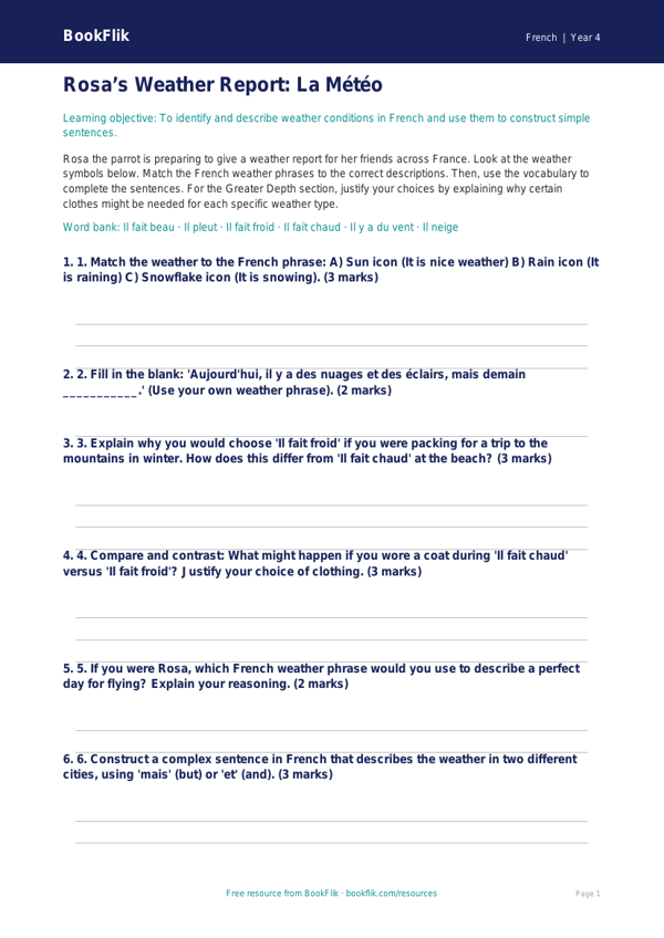 Free Weather Activity Sheet | Year 4 | French | BookFlik worksheet preview — French Weather