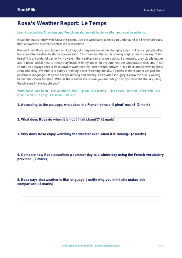 French Weather Comprehension Year 4 | Greater Depth | BookFlik worksheet preview — French Weather