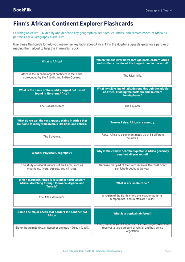 Free Africa Flashcards | Year 4 | Geography | BookFlik worksheet preview — Geography Africa
