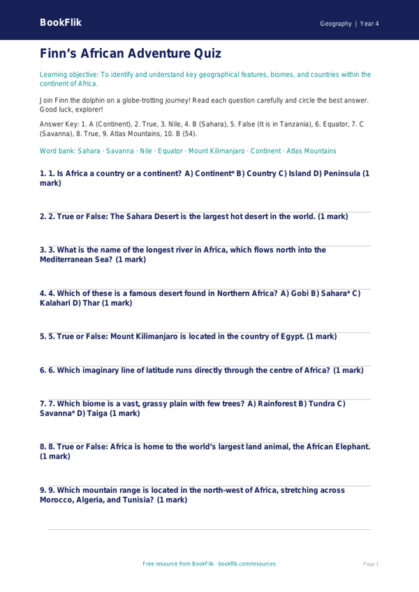 Free Africa Quiz | Year 4 | Geography | BookFlik worksheet preview — Geography Africa