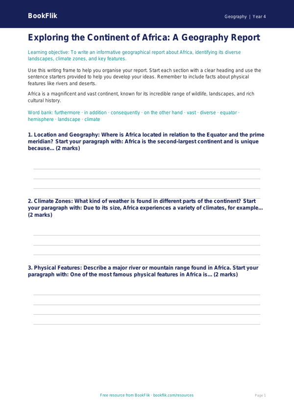 Free Africa Writing Frame | Year 4 | Geography | BookFlik worksheet preview — Geography Africa