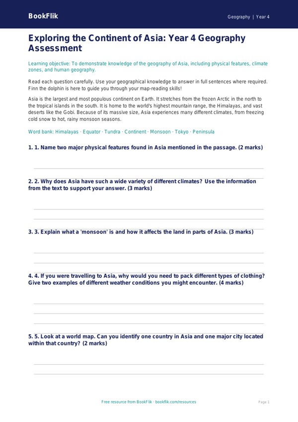 Free Asia Assessment for Year 4 Geography | BookFlik worksheet preview — Geography Asia