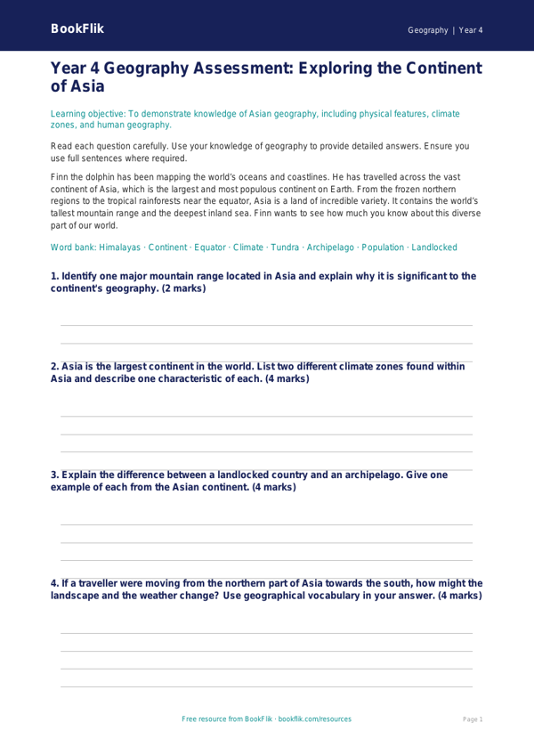 Asia Assessment Year 4 Free | Geography Resource | BookFlik worksheet preview — Geography Asia