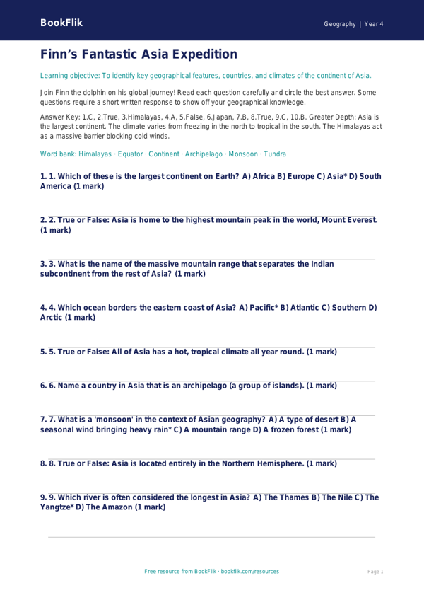 Free Asia Quiz | Year 4 | Geography | BookFlik worksheet preview — Geography Asia