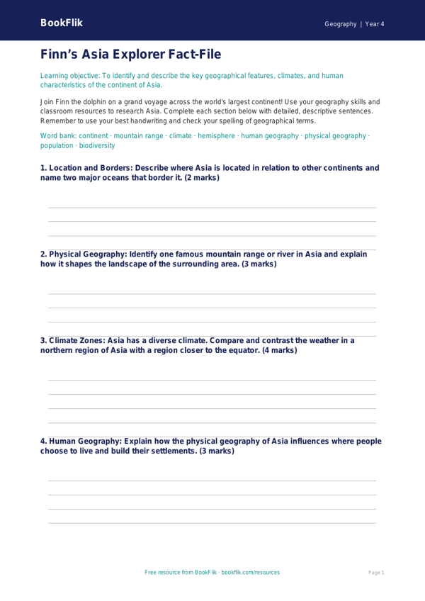 Asia Geography Template for Year 4 | Australian Curriculum | BookFlik worksheet preview — Geography Asia