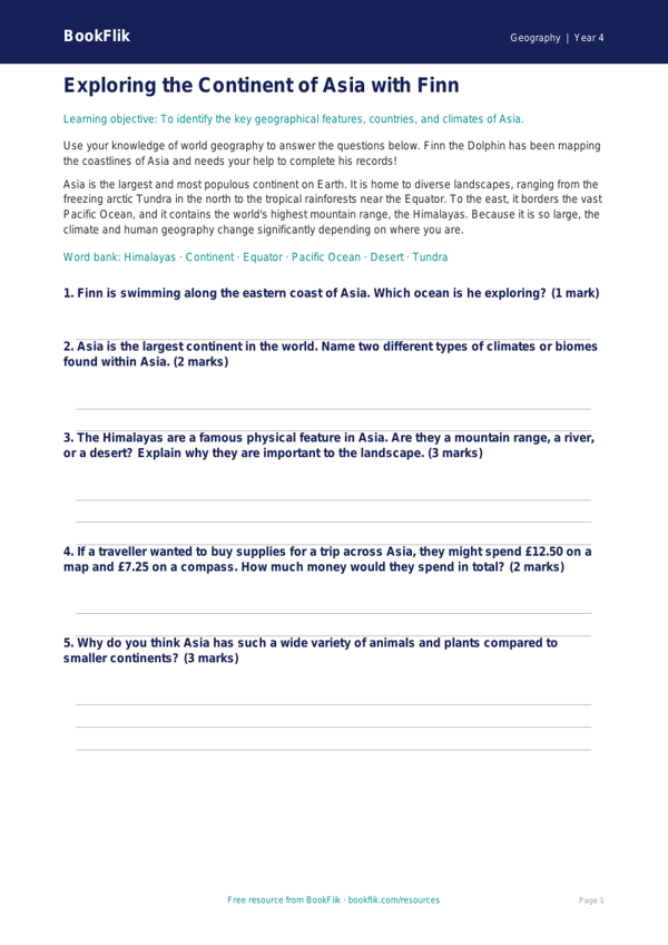 Free Asia Worksheet for Year 4 Geography | BookFlik worksheet preview — Geography Asia
