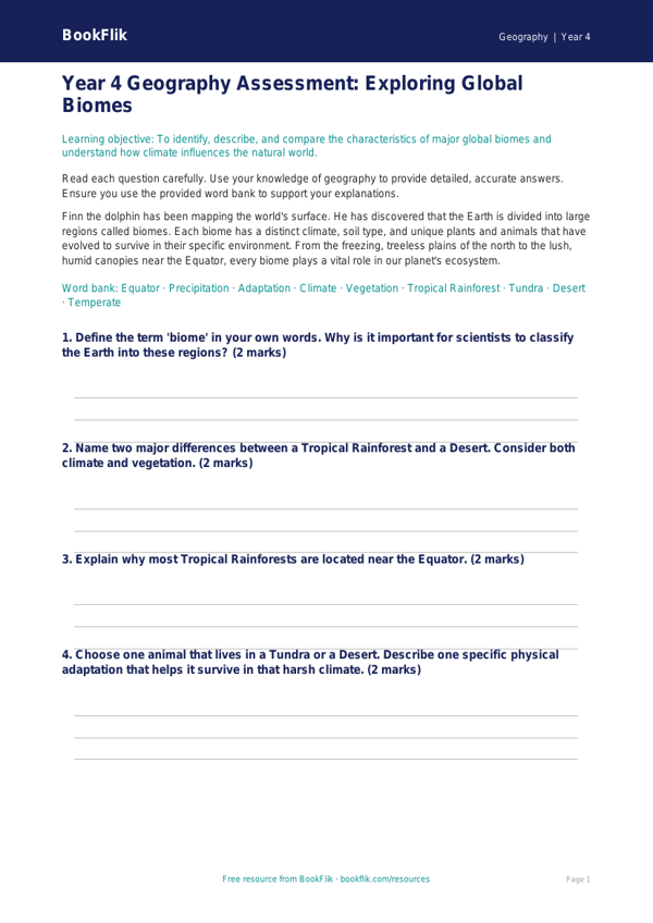 Free Biomes Assessment | Year 4 | Geography | BookFlik worksheet preview — Geography Biomes