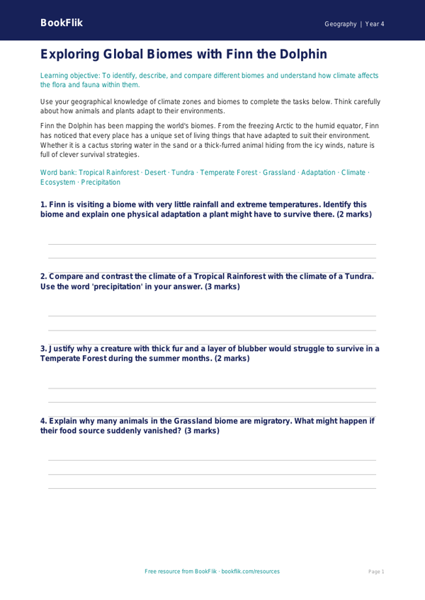 Free Biomes Worksheet | Year 4 | Geography | BookFlik worksheet preview — Geography Biomes