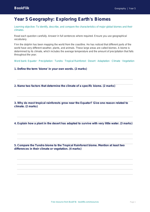 Free Biomes Assessment | Year 5 | Geography | BookFlik worksheet preview — Geography Biomes