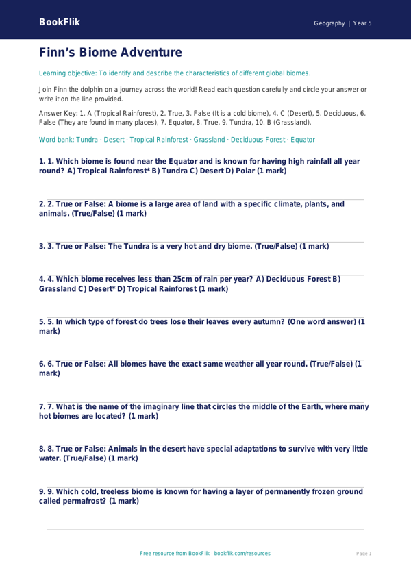 Free Biomes Quiz | Year 5 | Geography | BookFlik worksheet preview — Geography Biomes