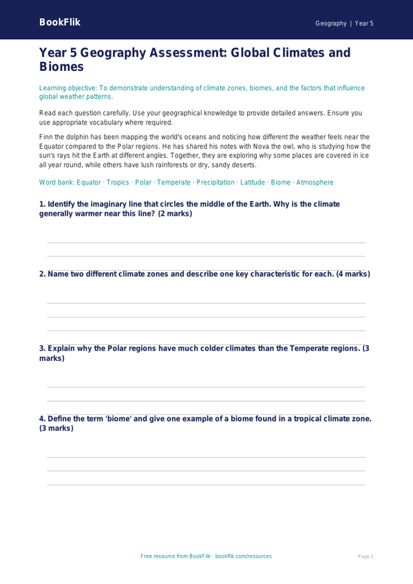 Free Climate Assessment | Year 5 | Geography | BookFlik worksheet preview — Geography Climate